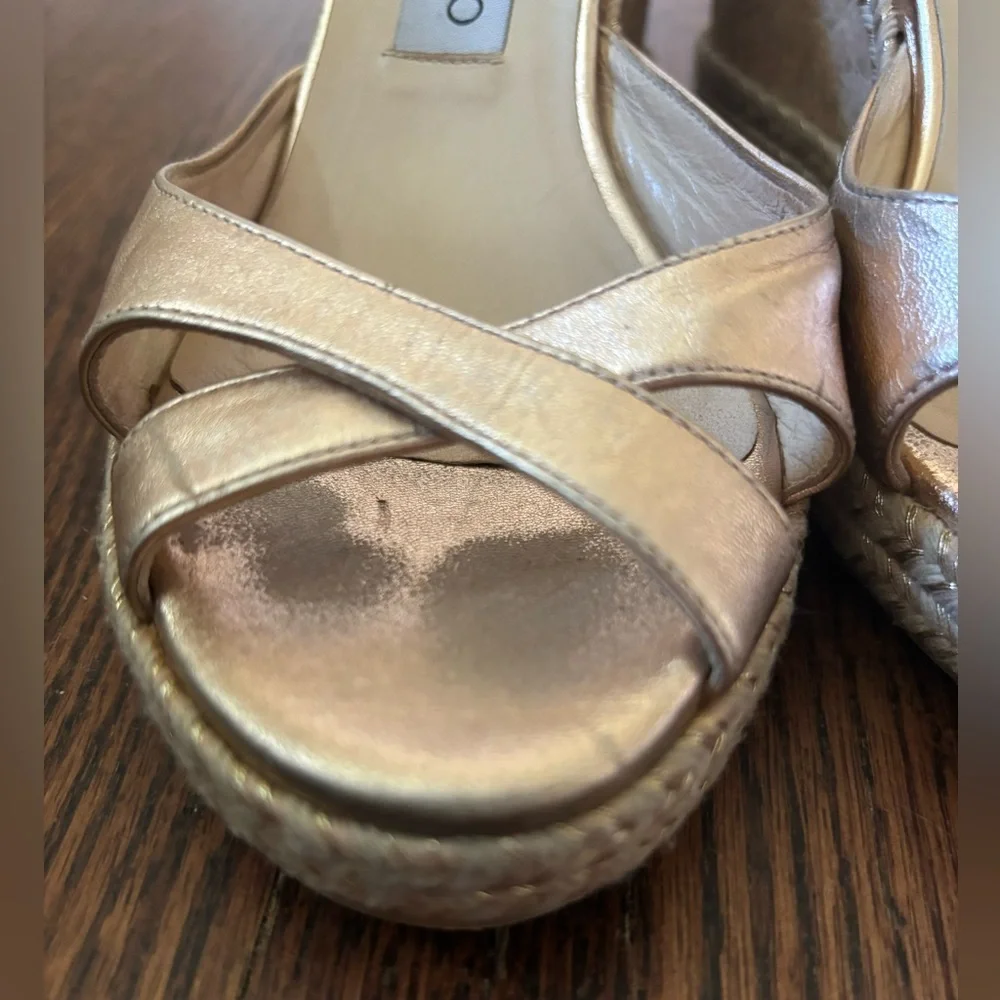 Jimmy Choo Almer Metallic Nappa Leather Wedges Braid Trim in gold, Size 38.5